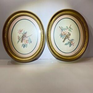 Homeco Home Interiors Oval Gold Pink Framed Bird Art Set Vintage MCM